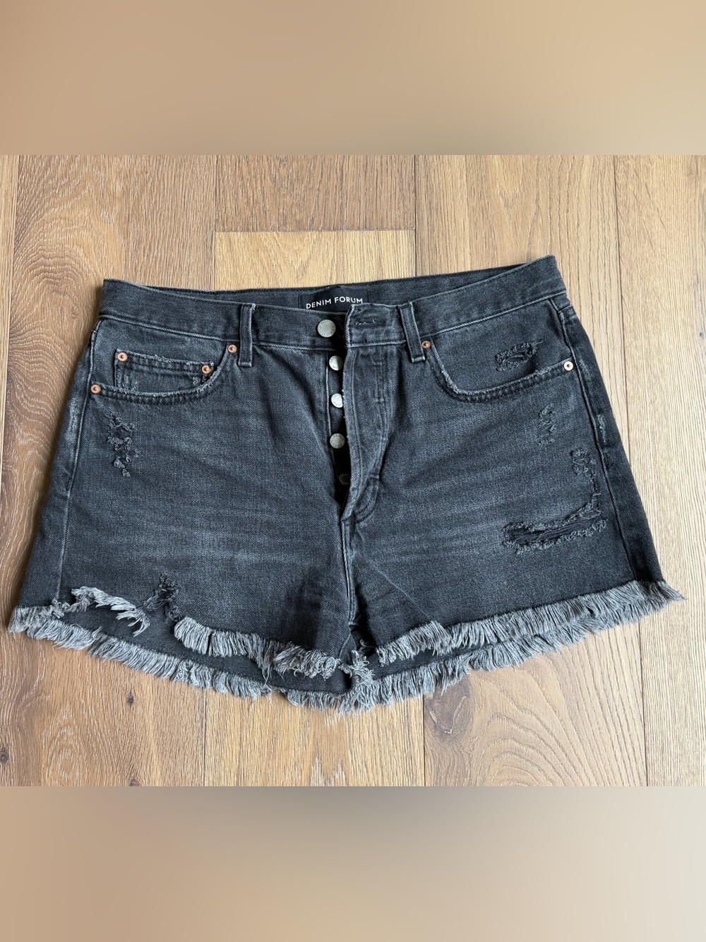 Aritzia - Denim Forum - Women's Black Buttonfly Distressed Frayed Hem Shorts